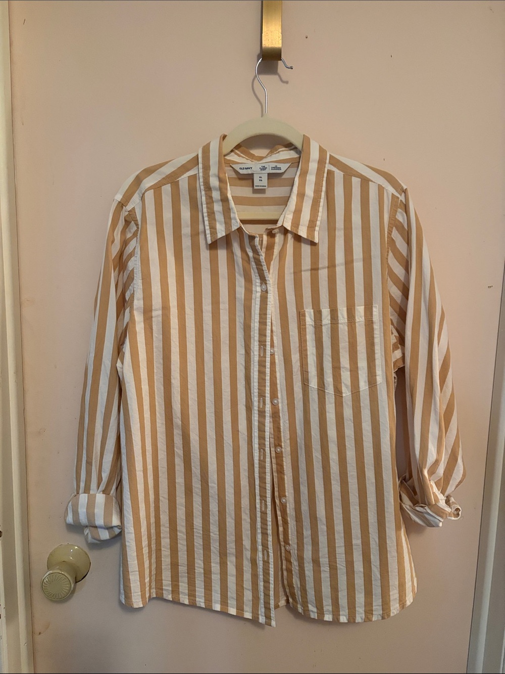 Old Navy Beige and White Striped Button-Down Shirt